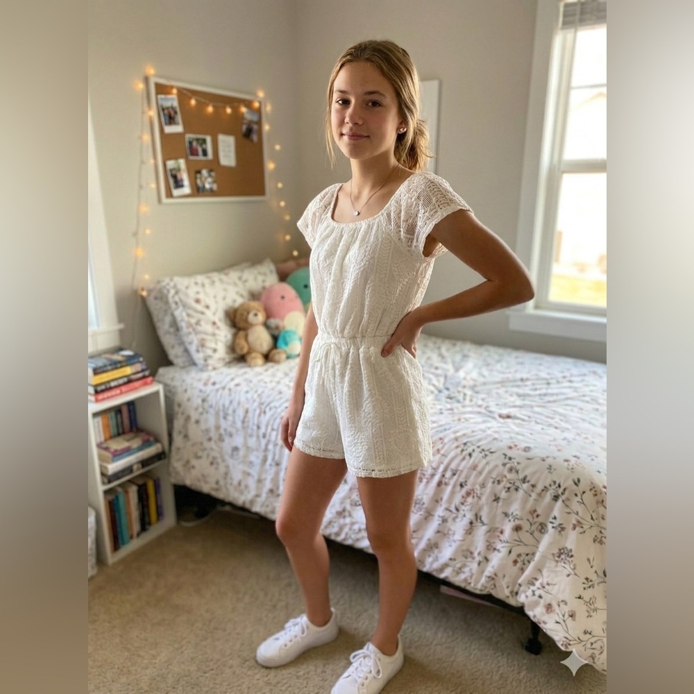 Daytrip Buckle White Crochet Lace Short Sleeve Romper Youth Size Small NWT